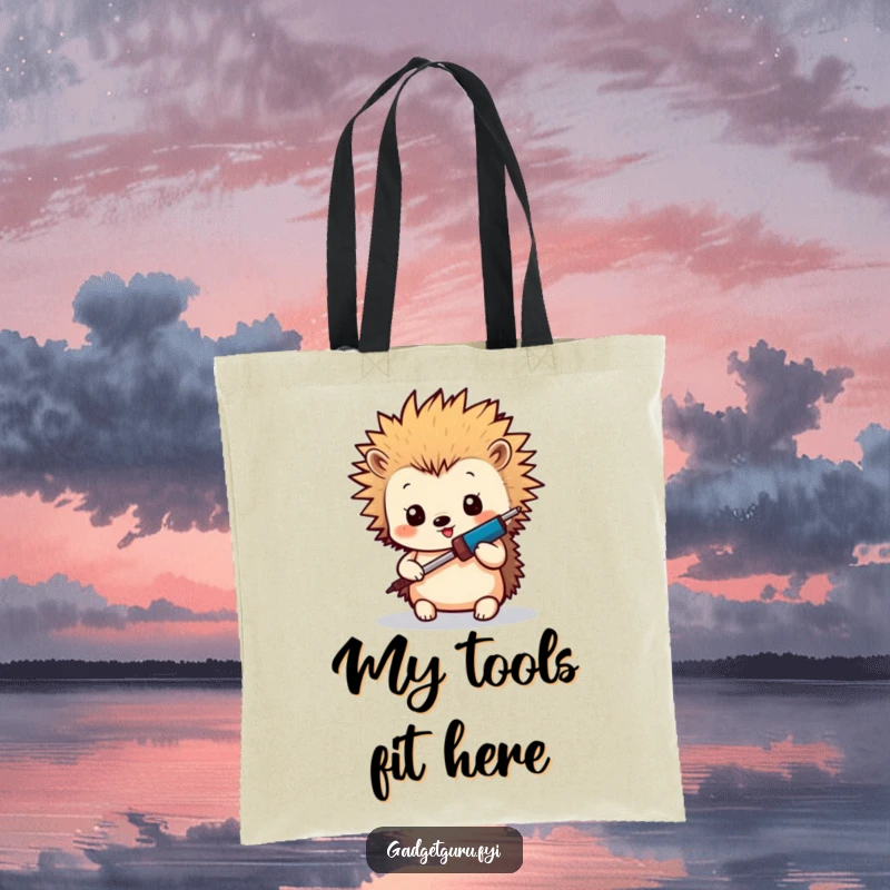 Funny Hedgehog Maker Tote Bag: An adorable tote bag featuring a tiny hedgehog with spiky hair holding a miniature soldering iron, perfect for makers.