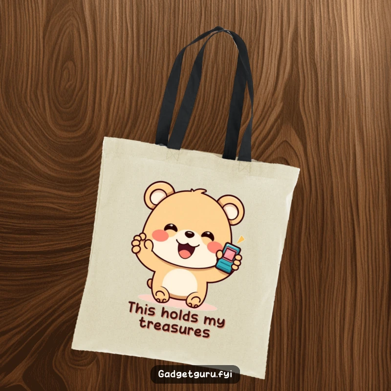 Funny Bear Gadget Tote Bag: An adorable tote showcasing a smiling bear enthusiastically holding a tiny, flashing gadget, ideal for carrying essentials.