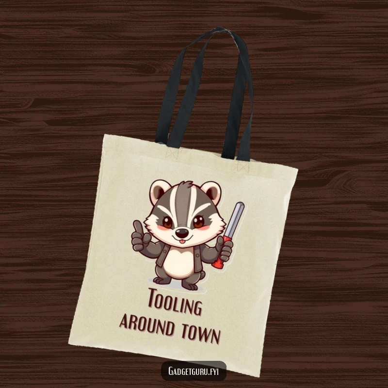 Funny tote bag showing a determined badger giving a thumbs-up with a tool, a practical and encouraging accessory.